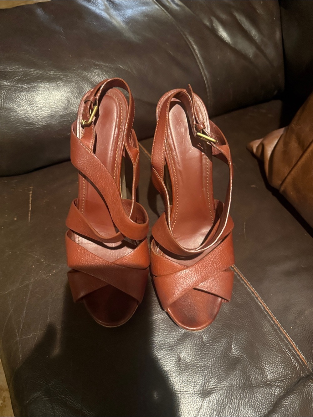 Yves Saint Laurent Brown Leather Crisscross Slingback Heels